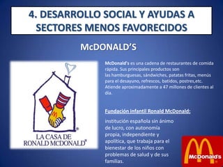 4. DESARROLLO SOCIAL Y AYUDAS A SECTORES MENOS FAVORECIDOSMcDONALD’SObjetivo :la creación y elmantenimiento de lasCasas Ronald McDonald, para aquellosniños y su familiasque se trasladanfuera de su residenciahabitual para recibirtratamiento médico de larga duración, especialmentecáncerinfantil.Este fin se realiza a través de actividades como: El asesoramiento y la financiación necesaria para la creación y mantenimiento de las Casas Ronald McDonald en España.