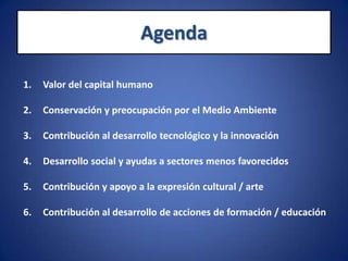 AgendaValor del capital humanoConservación y preocupación por el Medio AmbienteContribución al desarrollotecnológico y la innovaciónDesarrollo social y ayudas a sectoresmenosfavorecidosContribución y apoyo a la expresión cultural / arteContribución al desarrollo de acciones de formación / educación