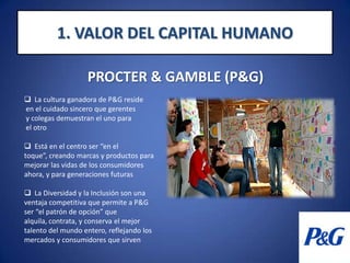 1. VALOR DEL CAPITAL HUMANOPROCTER & GAMBLE (P&G)  La cultura ganadora de P&Greside en elcuidado sincero quegerentes y colegasdemuestranel uno para elotroEstá en el centro ser “en el toque”, creando marcas y productos para mejorar las vidas de los consumidores ahora, y para generaciones futuras