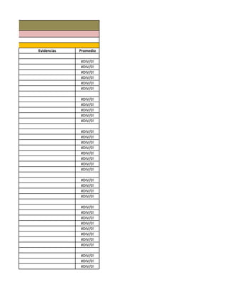 Evidencias   Promedio

             #DIV/0!
             #DIV/0!
             #DIV/0!
             #DIV/0!
             #DIV/0!
             #DIV/0!

             #DIV/0!
             #DIV/0!
             #DIV/0!
             #DIV/0!
             #DIV/0!

             #DIV/0!
             #DIV/0!
             #DIV/0!
             #DIV/0!
             #DIV/0!
             #DIV/0!
             #DIV/0!
             #DIV/0!

             #DIV/0!
             #DIV/0!
             #DIV/0!
             #DIV/0!

             #DIV/0!
             #DIV/0!
             #DIV/0!
             #DIV/0!
             #DIV/0!
             #DIV/0!
             #DIV/0!
             #DIV/0!

             #DIV/0!
             #DIV/0!
             #DIV/0!
 
