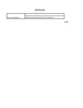 Definición

                        Organizar las actividades de la institución educativa para lograr que los
Prácticas pedagógicas   estudiantes aprendan y desarrollen sus competencias.


                                                                                                    Volver
 