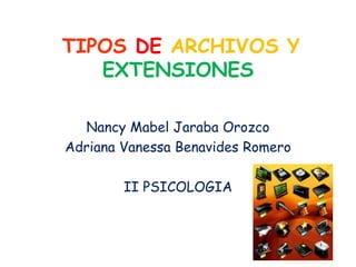 TIPOS DE ARCHIVOS YEXTENSIONES Nancy Mabel Jaraba Orozco Adriana Vanessa Benavides Romero II PSICOLOGIA 
