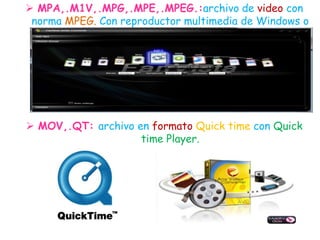 WAV: Sonido de onda de Windows con la grabadora de sonidos de Windows.4.  DE VIDEOContienen imágenes y el sonido tiene que estar actualizados los Codecs de los formatos para que no hayan inconvenientes en ver videos.