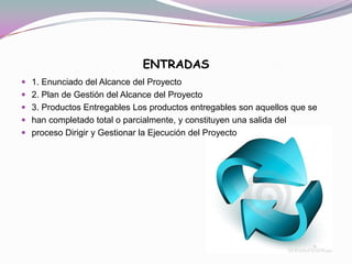 ENTRADAS
 1. Enunciado del Alcance del Proyecto
 2. Plan de Gestión del Alcance del Proyecto
 3. Productos Entregables Los productos entregables son aquellos que se
 han completado total o parcialmente, y constituyen una salida del
 proceso Dirigir y Gestionar la Ejecución del Proyecto
 