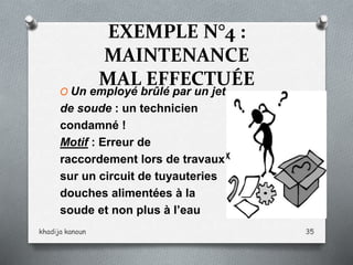 EXEMPLE N°4 :
MAINTENANCE
MAL EFFECTUÉE
O Un employé brûlé par un jet
de soude : un technicien
condamné !
Motif : Erreur de
raccordement lors de travaux
sur un circuit de tuyauteries
douches alimentées à la
soude et non plus à l’eau
khadija kanoun 35
 