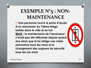 EXEMPLE N°5 : NON-
MAINTENANCE
O Une personne ouvre la porte d’accès
d’un ascenseur au 13ème étage,
tombe dans le vide et se tue
Motif : la maintenance de l’ascenseur
n’avait pas été effectuée depuis quatre
ans alors que la loi oblige une visite
préventive tous les mois et le
changement des organes de sécurité
tous les six mois
khadija kanoun 37
 