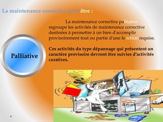 La maintenance corrective peut être :
La maintenance corrective palliative
regroupe les activités de maintenance corrective
destinées à permettre à un bien d'accomplir
provisoirement tout ou partie d'une fonction requise.
Ces activités du type dépannage qui présentent un
caractère provisoire devront être suivies d'activités
curatives.
Palliative
 