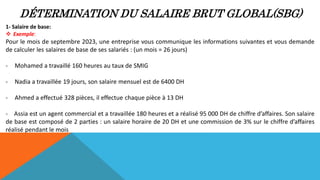 DÉTERMINATION DU SALAIRE BRUT GLOBAL(SBG)
1- Salaire de base:
 Exemple:
Pour le mois de septembre 2023, une entreprise vous communique les informations suivantes et vous demande
de calculer les salaires de base de ses salariés : (un mois = 26 jours)
- Mohamed a travaillé 160 heures au taux de SMIG
- Nadia a travaillée 19 jours, son salaire mensuel est de 6400 DH
- Ahmed a effectué 328 pièces, il effectue chaque pièce à 13 DH
- Assia est un agent commercial et a travaillée 180 heures et a réalisé 95 000 DH de chiffre d’affaires. Son salaire
de base est composé de 2 parties : un salaire horaire de 20 DH et une commission de 3% sur le chiffre d’affaires
réalisé pendant le mois
 