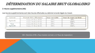 DÉTERMINATION DU SALAIRE BRUT GLOBAL(SBG)
2- Heures supplémentaires (HS):
Les heures supplémentaires sont des heures effectuées au-delà de la durée légale du travail.
HS= (Nombre d’HS x Taux horaire normal) x (1+Taux de majoration)
 