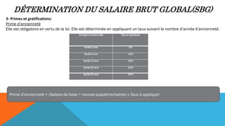 DÉTERMINATION DU SALAIRE BRUT GLOBAL(SBG)
3- Primes et gratifications:
Prime d’ancienneté
Elle est obligatoire en vertu de la loi. Elle est déterminée en appliquant un taux suivant le nombre d’année d’ancienneté.
Années d’ancienneté Taux à appliquer
Après 2 ans 5%
Après 5 ans 10%
Après 12 ans 15%
Après 20 ans 20%
Après 25 ans 25%
Prime d’ancienneté = (Salaire de base + heures supplémentaires) x Taux à appliquer
 