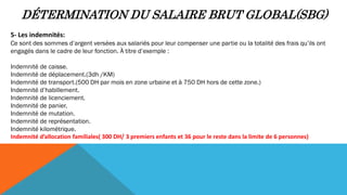DÉTERMINATION DU SALAIRE BRUT GLOBAL(SBG)
5- Les indemnités:
Ce sont des sommes d’argent versées aux salariés pour leur compenser une partie ou la totalité des frais qu’ils ont
engagés dans le cadre de leur fonction. À titre d’exemple :
Indemnité de caisse.
Indemnité de déplacement.(3dh /KM)
Indemnité de transport.(500 DH par mois en zone urbaine et à 750 DH hors de cette zone.)
Indemnité d’habillement.
Indemnité de licenciement.
Indemnité de panier.
Indemnité de mutation.
Indemnité de représentation.
Indemnité kilométrique.
Indemnité d’allocation familiales( 300 DH/ 3 premiers enfants et 36 pour le reste dans la limite de 6 personnes)
 