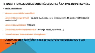 4- IDENTIFIER LES DOCUMENTS NÉCESSAIRES À LA PAIE DU PERSONNEL
 Relevé des absences
- Absence pour maladie ou accident;
- Absence pour congé annuel; ( 22 jours ouvrables pour le secteur public , 18 jours ouvrables pour le
secteur privé)
- Absence pour grossesse; (98 jours)
- Absence pour événements familiaux; ( Mariage, décès , naissance…..)
- Jours fériés pour fêtes nationales ou religieuses;
- Absences non justifiées. ( non payées et peuvent donner lieu à une
sanction)
 
