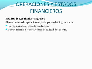 OPERACIONES Y ESTADOS
FINANCIEROS
Estados de Resultados– Ingresos
Algunas tareas de operaciones que impactan los ingresos son:
 Cumplimiento al plan de producción
Cumplimiento a los estándares de calidad del cliente.
 