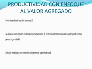 PRODUCTIVIDAD CON ENFOQUE
AL VALOR AGREGADO
Cómoentendemoslaacciónempresarial?
Laempresaesunconjuntoconformadoporunconjuntodeelementosinterrelacionadosconunpropósitocomún:
generarriqueza(VA)
Elmedioparalograrestepropósitoesincrementarlaproductividad
 