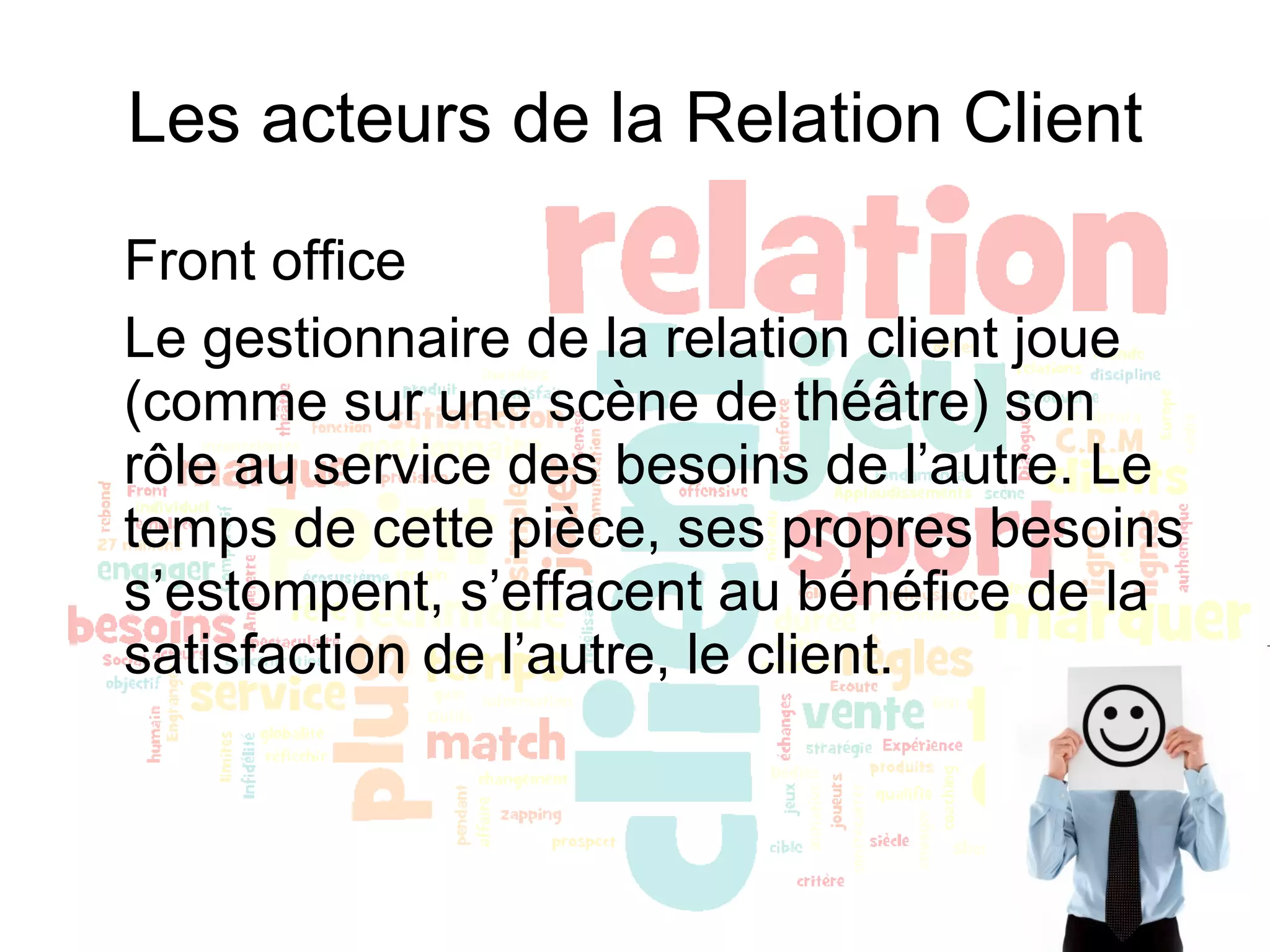 Les acteurs de la Relation Client Front office Le gestionnaire de la relation client joue (comme sur une scène de théâtre) son rôle au service des besoins de l’autre. Le temps de cette pièce, ses propres besoins s’estompent, s’effacent au bénéfice de la satisfaction de l’autre, le client. 