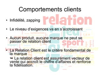 Comportements clients Infidélité, zapping Le niveau d’exigences va en s’accroissant Aucun produit, aucune marque ne peut se passer de relation client La Relation Client est le critère fondamental de la marque    La relation client est assurément vecteur de vente qui accroît le chiffre d’affaires et renforce la fidélisation. 