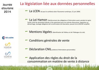 28 
La législation liée aux données personnelles La LCEN (loi pour la confiance dans l’économie numérique, 21 juin 2004) La Loi Hamon (Renforcement des obligations d’information avant, pendant et après l’achat, droit de rétractation étendu à 14j notamment pour les contrats d’assurance, opposition au démarchage, stockage obligatoire de la confirmation de réservation, pouvoir de la DGCCRF amplifié) 
Mentions légales (identification de l’éditeur et de l’hébergeur du site) Conditions générales de vente Déclaration CNIL (collecte d’informations personnelles) Application des règles du droit de la consommation en matière de vente à distance 
 