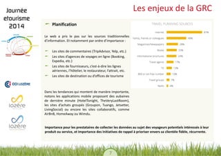 7 
Les enjeux de la GRC Planification 
Le web a pris le pas sur les sources traditionnelles d’information. Et notamment par ordre d’importance : 
Les sites de commentaires (TripAdvisor, Yelp, etc.) Les sites d’agences de voyages en ligne (Booking, Expedia, etc.) Les sites de fournisseurs, c’est-à-dire les lignes aériennes, l’hôtelier, le restaurateur, l’attrait, etc. Les sites de destination ou d’offices de tourisme 
Dans les tendances qui montent de manière importante, notons les applications mobile proposant des aubaines de dernière minute (HotelTonight, TheVeryLastRoom), les sites d’achats groupés (Groupon, Tuango, Jetsetter, LivingSocial) ou encore les sites collaboratifs, comme AirBnB, HomeAway ou Wimdu. 
Importance pour les prestataires de collecter les données au sujet des voyageurs potentiels intéressés à leur produit ou service, et importance des initiatives de rappel à prioriser envers sa clientèle fidèle, récurrente.  
