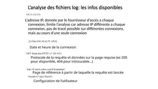 L’analyse des fichiers log: les infos disponibles
L’adresse IP, donnée par le fournisseur d’accès a chaque
connexion, limite l’analyse car adresse IP différente a chaque
connexion, pas de tracé possible sur différentes connexions,
mais au cours d’une seule connexion
Date et heure de la connexion
Protocole de la requête et données sur la page requise (ex 200
pour disponible, 404 pour introuvable…)
Page de référence à partir de laquelle la requête est lancée
Configuration de l’utilisateur
 