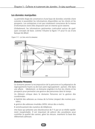 Chapitre 3 – Collecte et traitement des données : le data warehouse
81
Les données manipulées
La première étape de constitution d’une base de données orientée client
consiste à rassembler les informations disponibles sur les clients et les
prospects. Les entreprises n’ont pas totalement conscience de la masse
d’informations dont elles disposent tant en interne qu’en externe.
Globalement, les informations pertinentes s’articulent autour de quel-
ques concepts de base, comme l’illustre la figure 3-5 pour le cas d’une
banque de détail.
Domaine Personne
Ce domaine permet la recomposition de la personne et la préparation de
regroupements foyers ou de tout autre regroupement : parrain, rôle dans
une affaire… Idéalement, ce domaine englobe à la fois les clients et les
prospects pour permettre une gestion des personnes dans le temps.
Un élément critique dans le domaine Personne est la gestion des
coordonnées :
• fiabilité des adresses au niveau de la forme (respect des normes pos-
tales),
• gestion des adresses invalides (NPAI, retour des e-mails),
• enrichissement des numéros de téléphone.
Une base qui présente une obsolescence de 5 % par an se révèle rapide-
ment inexploitable. Il est important de prévoir des procédures pour
contrôler la qualité des saisies, gérer les retours, maintenir la base des
référentiels adresses.
Figure 3-5 : Les liens entre les domaines
 
