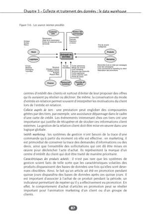 Chapitre 3 – Collecte et traitement des données : le data warehouse
87
centres d’intérêt des clients et surtout d’éviter de leur proposer des offres
qu’ils auraient pu résilier ou décliner. De même, la conservation du mode
d’entrée en relation permet souvent d’interpréter les motivations du client
lors de l’entrée en relation.
Collecte auprès de tiers : une prestation peut englober des composantes
gérées par des tiers, par exemple, une assistance dépannage dans le cadre
d’une carte de crédit. Les événements intervenant chez ces tiers ont une
importance qui justifie de récupérer et de stocker ces informations client
externes. La gestion de la relation client doit être mise en œuvre dans une
logique globale.
Intérêt marketing : les systèmes de gestion n’ont besoin de la trace d’une
commande qu’à partir du moment où elle est effective ; en marketing, il
est primordial de conserver la trace des demandes d’informations ou des
devis, ainsi que l’ensemble des sollicitations qui ont dû être mises en
œuvre pour déclencher l’acte d’achat. Ils représentent la marque d’un
centre d’intérêt du client qui doit être traité de manière prioritaire.
Caractéristiques des produits achetés : il n’est pas rare que les systèmes de
gestion soient faits de telle sorte que les caractéristiques volatiles des
produits disparaissent des bases de données une fois qu’elles sont deve-
nues obsolètes. Ainsi, le fait qu’un article ait été en promotion pendant
quinze jours disparaîtra des bases de données après ces quinze jours. Il
est important d’associer à l’achat de ce produit pendant la période, un
indicateur permettant de repérer qu’il y a effectivement eu promotion. En
effet, le comportement d’achat d’articles en promotion peut se révéler
important pour l’animation marketing d’un client ou d’un groupe de
clients.
Figure 3-6 : Les sources internes possibles
 