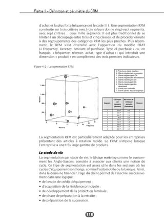 Partie I – Définition et périmètre du CRM
118
d’achat et la plus forte fréquence ont le code 111. Une segmentation RFM
construite sur trois critères avec trois valeurs donne vingt-sept segments,
avec sept critères… deux mille segments. Il est plus traditionnel de se
limiter à un découpage entre trois et cinq classes, et de procéder ensuite
à des regroupements des catégories RFM les plus proches. Plus récem-
ment, le RFM s’est diversifié avec l’apparition du modèle FRAT
(« Frequency, Recency, Amount of purchase, Type of purchase » ou, en
français, « fréquence, récence, achat, type d’achat ») qui introduit une
dimension « produit » en complément des trois premiers indicateurs.
La segmentation RFM est particulièrement adaptée pour les entreprises
présentant des articles à rotation rapide. Le FRAT s’impose lorsque
l’entreprise a une très large gamme de produits.
Le stade de vie
La segmentation par stade de vie, le lifestage marketing comme le surnom-
ment les Anglo-Saxons, consiste à associer aux clients une notion de
cycle. Ce type de segmentation est assez utile dans les secteurs où les
cycles d’équipement sont longs, comme l’automobile ou la banque. Ainsi,
dans le domaine financier, l’âge du client permet de l’inscrire successive-
ment dans une logique :
• de besoin de crédit d’équipement ;
• d’acquisition de la résidence principale ;
• de développement de la protection familiale ;
• de phase de préparation à la retraite ;
• de préparation de la succession.
Figure 4-2 : La segmentation RFM
 