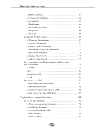 Gestion de la relation client
XIV
La gestion des adresses . . . . . . . . . . . . . . . . . . . . . . . . . . . . . . . . . . . 161
La restructuration de l’adresse . . . . . . . . . . . . . . . . . . . . . . . . . . . . . 162
La normalisation . . . . . . . . . . . . . . . . . . . . . . . . . . . . . . . . . . . . . . . 163
Le dédoublonnage. . . . . . . . . . . . . . . . . . . . . . . . . . . . . . . . . . . . . . . 164
L’enrichissement des adresses. . . . . . . . . . . . . . . . . . . . . . . . . . . . . . . 165
La déduplication. . . . . . . . . . . . . . . . . . . . . . . . . . . . . . . . . . . . . . . . 166
Le géocodage . . . . . . . . . . . . . . . . . . . . . . . . . . . . . . . . . . . . . . . . . . 166
La gestion des campagnes . . . . . . . . . . . . . . . . . . . . . . . . . . . . . . . 169
Le déroulement d’une campagne . . . . . . . . . . . . . . . . . . . . . . . . . . . . 169
La complexité des campagnes. . . . . . . . . . . . . . . . . . . . . . . . . . . . . . . 171
Les nouveaux modes de campagnes . . . . . . . . . . . . . . . . . . . . . . . . . . 172
Le développement de la gestion événementielle . . . . . . . . . . . . . . . . . . . 174
La définition des événements . . . . . . . . . . . . . . . . . . . . . . . . . . . . . . . 175
La typologie des événements. . . . . . . . . . . . . . . . . . . . . . . . . . . . . . . . 175
Le traitement des événements. . . . . . . . . . . . . . . . . . . . . . . . . . . . . . . 177
Les nouveaux modes d’automatisation du traitement
des événements . . . . . . . . . . . . . . . . . . . . . . . . . . . . . . . . . . . . . . . . 179
Le workflow . . . . . . . . . . . . . . . . . . . . . . . . . . . . . . . . . . . . . . . . . . . 179
L’EAI . . . . . . . . . . . . . . . . . . . . . . . . . . . . . . . . . . . . . . . . . . . . . . . 182
Les agents de profils . . . . . . . . . . . . . . . . . . . . . . . . . . . . . . . . . . . . . 183
Le push . . . . . . . . . . . . . . . . . . . . . . . . . . . . . . . . . . . . . . . . . . . . . . 184
Les impacts du CRM . . . . . . . . . . . . . . . . . . . . . . . . . . . . . . . . . . . . 187
L’alliance du tactique et du stratégique. . . . . . . . . . . . . . . . . . . . . . . . 187
La refonte de l’organisation . . . . . . . . . . . . . . . . . . . . . . . . . . . . . . . . 188
Avant la mise en œuvre d’un logiciel de CRM . . . . . . . . . . . . . . . . . . . 188
Après la mise en place d’un outil de CRM. . . . . . . . . . . . . . . . . . . . . . 189
Chapitre 6 – Les canaux d’interaction . . . . . . . . . . . . . . . . . . . . . . . . . . . .191
La réalité du multicanal. . . . . . . . . . . . . . . . . . . . . . . . . . . . . . . . . . 192
Le développement de la relation à distance. . . . . . . . . . . . . . . . . . . . . . 192
La spécialisation des canaux . . . . . . . . . . . . . . . . . . . . . . . . . . . . . . . 192
La personnalisation à coûts réduits. . . . . . . . . . . . . . . . . . . . . . . . . . . 193
Les coûts des canaux. . . . . . . . . . . . . . . . . . . . . . . . . . . . . . . . . . . . . 194
Le besoin de cohésion. . . . . . . . . . . . . . . . . . . . . . . . . . . . . . . . . . . . . 194
 