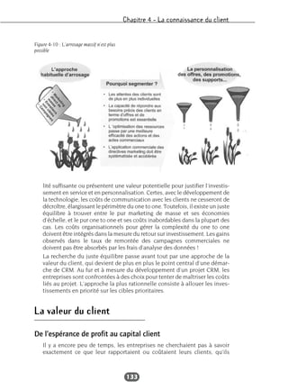 Chapitre 4 – La connaissance du client
133
lité suffisante ou présentent une valeur potentielle pour justifier l’investis-
sement en service et en personnalisation. Certes, avec le développement de
la technologie, les coûts de communication avec les clients ne cesseront de
décroître, élargissant le périmètre du one to one. Toutefois, il existe un juste
équilibre à trouver entre le pur marketing de masse et ses économies
d’échelle, et le pur one to one et ses coûts inabordables dans la plupart des
cas. Les coûts organisationnels pour gérer la complexité du one to one
doivent être intégrés dans la mesure du retour sur investissement. Les gains
observés dans le taux de remontée des campagnes commerciales ne
doivent pas être absorbés par les frais d’analyse des données !
La recherche du juste équilibre passe avant tout par une approche de la
valeur du client, qui devient de plus en plus le point central d’une démar-
che de CRM. Au fur et à mesure du développement d’un projet CRM, les
entreprises sont confrontées à des choix pour tenter de maîtriser les coûts
liés au projet. L’approche la plus rationnelle consiste à allouer les inves-
tissements en priorité sur les cibles prioritaires.
La valeur du client
De l’espérance de profit au capital client
Il y a encore peu de temps, les entreprises ne cherchaient pas à savoir
exactement ce que leur rapportaient ou coûtaient leurs clients, qu’ils
Figure 4-10 : L’arrosage massif n’est plus
possible
 