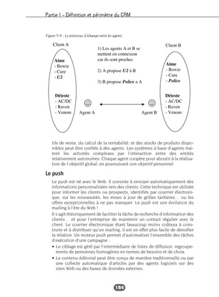 Partie I – Définition et périmètre du CRM
184
tifs de vente, du calcul de la rentabilité, et des stocks de produits dispo-
nibles peut être confiée à des agents. Les systèmes à base d’agents trai-
tent les activités complexes par l’interaction entre des entités
relativement autonomes. Chaque agent coopère pour aboutir à la réalisa-
tion de l’objectif global, en poursuivant son objectif personnel.
Le push
Le push est né avec le Web. Il consiste à envoyer automatiquement des
informations personnalisées vers des clients. Cette technique est utilisée
pour informer les clients ou prospects, identifiés par courrier électroni-
que, sur les nouveautés, les mises à jour de grilles tarifaires… ou les
offres exceptionnelles à ne pas manquer. Le push est une évolution du
mailing à l’ère du Web !
Il s’agit théoriquement de faciliter la tâche de recherche d’information des
clients… et pour l’entreprise de maintenir un contact régulier avec le
client. Le courrier électronique étant beaucoup moins coûteux à cons-
truire et à distribuer qu’un mailing, il est en effet plus facile de densifier
la relation. Un moteur push permet d’automatiser l’ensemble des tâches
d’exécution d’une campagne :
• Le ciblage est géré par l’intermédiaire de listes de diffusion, regroupe-
ments de personnes homogènes en termes de besoins et de choix.
• Le contenu éditorial peut être conçu de manière traditionnelle ou par
une collecte automatique d’articles par des agents logiciels sur des
sites Web ou des bases de données externes.
Figure 5-9 : Le processus d’échange entre les agents
 