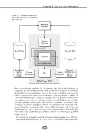 Chapitre 6 – Les canaux d’interaction
203
dant au catalogue produits de l’entreprise. Des boîtes de dialogue lui
suggèrent les meilleures options entre les désirs du client et les produits
disponibles. En consultant des options de ventes complémentaires ou de
choix d’une gamme supérieure, le vendeur peut augmenter la valeur de
l’offre et le montant de la facture. Au fur et à mesure que des informations
sont ajoutées ou retirées, l’utilisateur suit les modifications sur la confi-
guration globale. Même pour des ventes complexes, le vendeur peut
configurer n’importe quel produit sans l’assistance d’une ressource tech-
nique. Des offres promotionnelles peuvent être intégrées en fonction des
produits ou du client. La recherche du niveau optimal de commande peut
être simulée en ajustant les paramètres comme les remises par quantité
ou par volume.
• Si l’utilisateur est déjà un client, le configurateur récupère les informa-
tions déjà disponibles sur le client, puis il cherche les anciennes com-
Message
Queuing
Receive
Functions
Channel
BTS Mapper Tool
Port
Pipeline
Component
Microsoft
CRM BizTalk
Server
Adapter
Great Plains
BizTalk
Server
Adapter
Pipeline
Component
BizTalk Server (BTS)
Microsoft CRMGreat Plains
Figure 6-3 : Schéma d’intégration de
Microsoft CRM avec l’ERP Great Plains
grâce à BizTalk
 