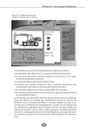 Chapitre 6 – Les canaux d’interaction
205
• la répartition de l’activité commerciale par segment de clients ;
• la réalisation des objectifs et le comparatif objectifs/réalisations ;
• les prévisions de ventes calculées à partir de l’historique, et les repré-
sentations graphiques associées.
La possibilité offerte aux acteurs du back office :
• d’accéder aux comptes rendus de vente, d’activité, d’historique des
commandes et des actions commerciales relatifs au client ;
• de consulter l’agenda du vendeur responsable de ce compte ;
• de vérifier la disponibilité et la proximité d’un agent de maintenance en
cas de problème urgent ;
se traduit par une plus forte réactivité de ces acteurs face aux interroga-
tions des clients. Ce partage des informations facilite la solution du
problème en un minimum de temps. Il diminue d’abord, les frais occa-
sionnés par la recherche de renseignements, ensuite, le croisement avec
les informations apportées par le vendeur et enfin, les frais relatifs à la
reprise de contacts avec le client. Cette souplesse théorique nécessite
souvent un aménagement des normes de délégations au niveau des servi-
ces centraux, en fonction de scores clients et de l’expertise du collabora-
teur.
Figure 6-4 : Configurateur de la suite
Cameleon de l’éditeur Access Commerce
 