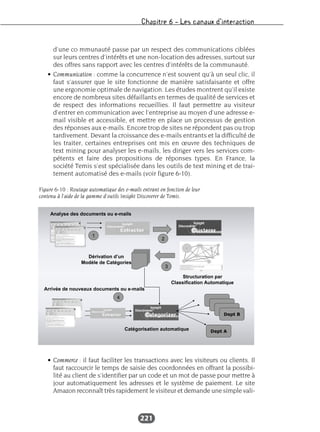 Chapitre 6 – Les canaux d’interaction
221
d’une co mmunauté passe par un respect des communications ciblées
sur leurs centres d’intérêts et une non-location des adresses, surtout sur
des offres sans rapport avec les centres d’intérêts de la communauté.
• Communication : comme la concurrence n’est souvent qu’à un seul clic, il
faut s’assurer que le site fonctionne de manière satisfaisante et offre
une ergonomie optimale de navigation. Les études montrent qu’il existe
encore de nombreux sites défaillants en termes de qualité de services et
de respect des informations recueillies. Il faut permettre au visiteur
d’entrer en communication avec l’entreprise au moyen d’une adresse e-
mail visible et accessible, et mettre en place un processus de gestion
des réponses aux e-mails. Encore trop de sites ne répondent pas ou trop
tardivement. Devant la croissance des e-mails entrants et la difficulté de
les traiter, certaines entreprises ont mis en œuvre des techniques de
text mining pour analyser les e-mails, les diriger vers les services com-
pétents et faire des propositions de réponses types. En France, la
société Temis s’est spécialisée dans les outils de text mining et de trai-
tement automatisé des e-mails (voir figure 6-10).
• Commerce : il faut faciliter les transactions avec les visiteurs ou clients. Il
faut raccourcir le temps de saisie des coordonnées en offrant la possibi-
lité au client de s’identifier par un code et un mot de passe pour mettre à
jour automatiquement les adresses et le système de paiement. Le site
Amazon reconnaît très rapidement le visiteur et demande une simple vali-
Figure 6-10 : Routage automatique des e-mails entrant en fonction de leur
contenu à l’aide de la gamme d’outils Insight Discoverer de Temis.
 