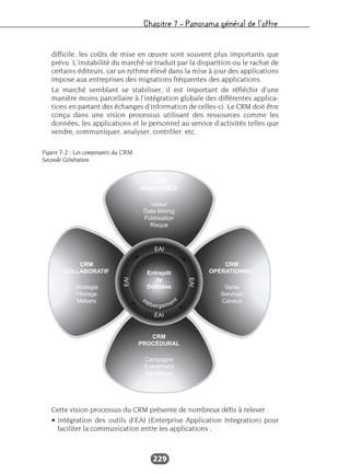 Chapitre 7 – Panorama général de l’offre
229
difficile, les coûts de mise en œuvre sont souvent plus importants que
prévu. L’instabilité du marché se traduit par la disparition ou le rachat de
certains éditeurs, car un rythme élevé dans la mise à jour des applications
impose aux entreprises des migrations fréquentes des applications.
Le marché semblant se stabiliser, il est important de réfléchir d’une
manière moins parcellaire à l’intégration globale des différentes applica-
tions en partant des échanges d’information de celles-ci. Le CRM doit être
conçu dans une vision processus utilisant des ressources comme les
données, les applications et le personnel au service d’activités telles que
vendre, communiquer, analyser, contrôler, etc.
Cette vision processus du CRM présente de nombreux défis à relever :
• intégration des outils d’EAI (Enterprise Application Integration) pour
faciliter la communication entre les applications ;
CRM
ANALYTIQUE
Valeur
Data Mining
Fidélisation
Risque
CRM
PROCÉDURAL
Campagne
Événement
Processus
CRM
COLLABORATIF
Stratégie
Pilotage
Métiers
CRM
OPÉRATIONNEL
Vente
Services
Canaux
EAI
EAI
EAI
Hébergement
Entrepôt
de
Données
EAI
Figure 7-2 : Les composants du CRM
Seconde Génération
 