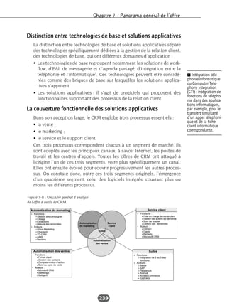 Chapitre 7 – Panorama général de l’offre
239
Distinction entre technologies de base et solutions applicatives
La distinction entre technologies de base et solutions applicatives sépare
des technologies spécifiquement dédiées à la gestion de la relation client,
des technologies de base, qui ont différents domaines d’application :
• Les technologies de base regroupent notamment les solutions de work-
flow, d’EAI, de messagerie et d’agenda partagé, d’intégration entre la
téléphonie et l’informatique1
. Ces technologies peuvent être considé-
rées comme des briques de base sur lesquelles les solutions applica-
tives s’appuient.
• Les solutions applicatives : il s’agit de progiciels qui proposent des
fonctionnalités supportant des processus de la relation client.
La couverture fonctionnelle des solutions applicatives
Dans son acception large, le CRM englobe trois processus essentiels :
• la vente ;
• le marketing ;
• le service et le support client.
Ces trois processus correspondent chacun à un segment de marché. Ils
sont couplés avec les principaux canaux, à savoir Internet, les postes de
travail et les centres d’appels. Toutes les offres de CRM ont attaqué à
l’origine l’un de ces trois segments, voire plus spécifiquement un canal.
Elles ont ensuite évolué pour couvrir progressivement les autres proces-
sus. On constate donc, outre ces trois segments originels, l’émergence
d’un quatrième segment, celui des logiciels intégrés, couvrant plus ou
moins les différents processus.
Automatisation du marketing
Automatisation des ventes
Fonctions :
Acteurs :
Gestion des campagnes
Ciblage
Extractions
Mesure des remontées
Fonctions :
Fiches client
Gestion des contacts
Comptes rendus d’action
Suivi du cycle de vente
Acteurs :
Microsoft CRM
Saleslogix
Selligent
Unica-Marketing
Chordiant
TD-CRM
AIMS
Service client
Fonctions :
Acteurs :
Prise en charge demande client
Gestion des actions sur demande
Suivi de dossier
Clôture des demandes
Conso+
Clarity
Remedy
Microsoft CRM
Suites
Fonctions :
Acteurs :
Intégration de 2 ou 3 des
fonctions
Siebel
SAP
PeopleSoft
Avenue
Access Commerce
Epiphany
Neolane
Automatisation
du marketing
Service
Client
Suites
Automatisation
des ventes
Figure 7-8 : Un cadre général d’analyse
de l’offre d’outils de CRM
Ẅ Intégration télé-
phonie-informatique
ou Computer Tele-
phony Integration
(CTI) : intégration de
fonctions de télépho-
nie dans des applica-
tions informatiques,
par exemple, pour le
transfert simultané
d’un appel téléphoni-
que et de la fiche
client informatique
correspondante.
 