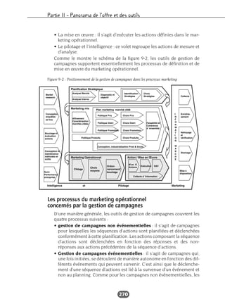 Partie II – Panorama de l’offre et des outils
270
• La mise en œuvre : il s’agit d’exécuter les actions définies dans le mar-
keting opérationnel.
• Le pilotage et l’intelligence : ce volet regroupe les actions de mesure et
d’analyse.
Comme le montre le schéma de la figure 9-2, les outils de gestion de
campagnes supportent essentiellement les processus de définition et de
mise en œuvre du marketing opérationnel.
Les processus du marketing opérationnel
concernés par la gestion de campagnes
D’une manière générale, les outils de gestion de campagnes couvrent les
quatre processus suivants :
• gestion de campagnes non événementielles : il s’agit de campagnes
pour lesquelles les séquences d’actions sont planifiées et déclenchées
conformément à cette planification. Les actions composant la séquence
d’actions sont déclenchées en fonction des réponses et des non-
réponses aux actions précédentes de la séquence d’actions.
• Gestion de campagnes événementielles : il s’agit de campagnes qui,
une fois initiées, se déroulent de manière autonome en fonction des dif-
férents événements qui peuvent survenir. C’est ainsi que le déclenche-
ment d’une séquence d’actions est lié à la survenue d’un événement et
non au planning. Comme pour les campagnes non événementielles, les
Figure 9-2 : Positionnement de la gestion de campagnes dans les processus marketing
 