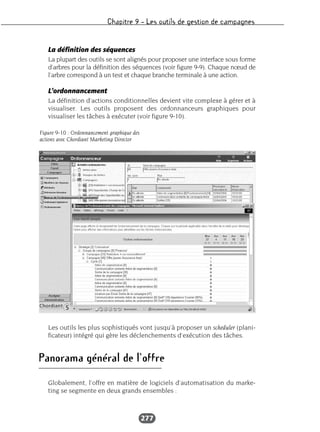 Chapitre 9 – Les outils de gestion de campagnes
277
La définition des séquences
La plupart des outils se sont alignés pour proposer une interface sous forme
d’arbres pour la définition des séquences (voir figure 9-9). Chaque nœud de
l’arbre correspond à un test et chaque branche terminale à une action.
L’ordonnancement
La définition d’actions conditionnelles devient vite complexe à gérer et à
visualiser. Les outils proposent des ordonnanceurs graphiques pour
visualiser les tâches à exécuter (voir figure 9-10).
Les outils les plus sophistiqués vont jusqu’à proposer un scheduler (plani-
ficateur) intégré qui gère les déclenchements d’exécution des tâches.
Panorama général de l’offre
Globalement, l’offre en matière de logiciels d’automatisation du marke-
ting se segmente en deux grands ensembles :
Figure 9-10 : Ordonnancement graphique des
actions avec Chordiant Marketing Director
 