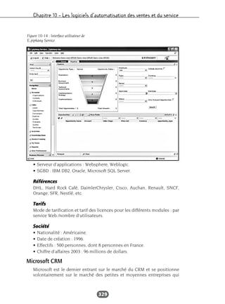 Chapitre 10 – Les logiciels d’automatisation des ventes et du service
329
• Serveur d’applications : Websphere, Weblogic.
• SGBD : IBM DB2, Oracle, Microsoft SQL Server.
Références
DHL, Hard Rock Café, DaimlerChrysler, Cisco, Auchan, Renault, SNCF,
Orange, SFR, Nestlé, etc.
Tarifs
Mode de tarification et tarif des licences pour les différents modules : par
service Web /nombre d’utilisateurs.
Société
• Nationalité : Américaine.
• Date de création : 1996.
• Effectifs : 500 personnes, dont 8 personnes en France.
• Chiffre d’affaires 2003 : 96 millions de dollars.
Microsoft CRM
Microsoft est le dernier entrant sur le marché du CRM et se positionne
volontairement sur le marché des petites et moyennes entreprises qui
Figure 10-14 : Interface utilisateur de
E.piphany Service
 