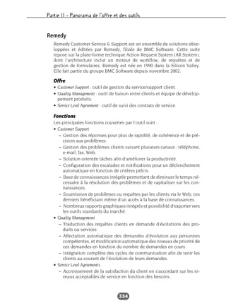 Partie II – Panorama de l’offre et des outils
334
Remedy
Remedy Customer Service & Support est un ensemble de solutions déve-
loppées et éditées par Remedy, filiale de BMC Software. Cette suite
repose sur la plate-forme technique Action Request System (AR System),
dont l’architecture inclut un moteur de workflow, de requêtes et de
gestion de formulaires. Remedy est née en 1990 dans la Silicon Valley.
Elle fait partie du groupe BMC Software depuis novembre 2002.
Offre
• Customer Support : outil de gestion du service/support client.
• Quality Management : outil de liaison entre clients et équipe de dévelop-
pement produits.
• Service Level Agreement : outil de suivi des contrats de service.
Fonctions
Les principales fonctions couvertes par l’outil sont :
• Customer Support
– Gestion des réponses pour plus de rapidité, de cohérence et de pré-
cision aux problèmes.
– Gestion des problèmes clients suivant plusieurs canaux : téléphone,
e-mail, fax, Web.
– Solution orientée tâches afin d’améliorer la productivité.
– Configuration des escalades et notifications pour un déclenchement
automatique en fonction de critères précis.
– Base de connaissances intégrée permettant de diminuer le temps né-
cessaire à la résolution des problèmes et de capitaliser sur les con-
naissances.
– Soumission de problèmes ou requêtes par les clients via le Web, ces
derniers bénéficiant même d’un accès à la base de connaissances.
– Nombreux rapports graphiques intégrés et possibilité d’exporter vers
les outils standards du marché.
• Quality Management
– Traduction des requêtes clients en demande d’évolutions des pro-
duits ou services.
– Affectation automatique des demandes d’évolution aux personnes
compétentes, et modification automatique des niveaux de priorité de
ces demandes en fonction du nombre de demandes en cours.
– Intégration complète des cycles de communication afin de tenir les
clients au courant de l’évolution de leurs demandes.
• Service Level Agreements
– Accroissement de la satisfaction du client en s’accordant sur les ni-
veaux acceptables de service en fonction des besoins.
 