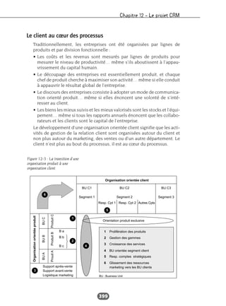 Chapitre 12 – Le projet CRM
399
Le client au cœur des processus
Traditionnellement, les entreprises ont été organisées par lignes de
produits et par division fonctionnelle :
• Les coûts et les revenus sont mesurés par lignes de produits pour
mesurer le niveau de productivité… même s’ils aboutissent à l’appau-
vrissement du capital humain.
• Le découpage des entreprises est essentiellement produit, et chaque
chef de produit cherche à maximiser son activité… même si elle conduit
à appauvrir le résultat global de l’entreprise.
• Le discours des entreprises consiste à adopter un mode de communica-
tion orienté produit… même si elles énoncent une volonté de s’inté-
resser au client.
• Les biens les mieux suivis et les mieux valorisés sont les stocks et l’équi-
pement… même si tous les rapports annuels énoncent que les collabo-
rateurs et les clients sont le capital de l’entreprise.
Le développement d’une organisation orientée client signifie que les acti-
vités de gestion de la relation client sont organisées autour du client et
non plus autour du marketing, des ventes ou d’un autre département. Le
client n’est plus au bout du processus, il est au cœur du processus.
Organisation orientée client
Orientation produit exclusive
BU C3BU C2BU C1
Segment 3Segment 2
Resp. Cpt 1 Resp. Cpt 2 Autres Cpts
Segment 1
1 Prolifération des produits
2 Gestion des gammes
3 Croissance des services
4 BU orientée segment client
5 Resp. comptes stratégiques
6 Glissement des ressources
BU : Business Unit
marketing vers les BU clientsSupport après-vente
Support avant-vente
Logistique marketing
Organisationorientéeproduit
BUBBUCBUA
ProduitBProduitCProuitA
B a
B b
B c
1
6
5
4
2
3
Figure 12-3 : La transition d’une
organisation produit à une
organisation client
 