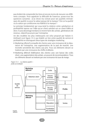 Chapitre 13 – Retours d’expérience
409
pas évident de comprendre les liens et encore moins de mesurer ces diffé-
rents concepts. Pour apprécier la difficulté de l’exercice, posez-vous les
questions suivantes : ai-je choisi ma voiture pour ses qualités intrinsè-
ques de qualité ou pour la valeur perçue de la marque ? Est-ce la qualité
ou la valeur qui conditionne ma fidélité à la marque ?
Le principe fondamental qui sous-tend la relation entre satisfaction et
profitabilité repose sur l’idée qu’un client satisfait est un client fidèle et
donc il aura davantage tendance à revenir faire des achats, générateurs de
revenus, objectif poursuivi par l’entreprise.
Un des modèles les plus intéressants est celui proposé par Valarie A.
Zeithaml (voir figure 13-1) qui établit un lien entre qualité de service et
profitabilité en distinguant deux types de stratégies marketing :
• Marketing offensif (conquête de clients) avec une croissance de la répu-
tation de l’entreprise, une augmentation de la part de marché, une
moindre sensibilité des clients aux prix. Tous ces éléments devant se
traduire par une croissance du chiffre d’affaires.
• Marketing défensif (fidélisation des clients) avec une baisse des coûts
client, une augmentation des achats, un pouvoir de recommandation. Tous
ces éléments devant se traduire par une croissance du taux de marge.
Qualité
de
service
Rétention client
Coûts
Marges
Profits
Ventes
Volume
d’achats
Focalisation
prix moindre
Bouche
à oreille
Part de
marché
Réputation
Focalisation
prix moindre
Marketing
défensif
Marketing
offensif
D’après
Zeithaml
Figure 13-1 : La relation qualité –
profits de Zeithaml
 