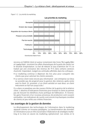 Chapitre 1 – La relation client : développement et enjeux
21
reconnu en fidélité client et auteur notamment des livres The Loyalty Effect
et Loyalty Rules!, montrent les effets dramatiques de la perte de clients sur
le résultat d’exploitation. Le fait de réduire le taux d’attrition de 5 % se
traduit par une croissance des revenus de 75 % dans certains secteurs
d’activité. Cependant, malgré ces certitudes affichées dans les colloques :
• Le marketing continue à dépenser dix fois plus pour conquérir des
clients que pour valoriser les clients existants.
• Le service client reste encore peu informatisé : une entreprise sur deux
ne possède pas de progiciel pour la gestion des relations après-vente
avec le client. Et, pourtant, si un client satisfait en vaut deux, un client
mécontent en fait fuir jusqu’à dix !
Il y a dans ce paradoxe une des causes d’échec de la gestion de la relation
client. L’absence d’indicateurs financiers pour évaluer le client ne permet
pas de mesurer les bénéfices d’une politique de fidélisation. À l’inverse,
les gains financiers d’un nouveau processus de production sont souvent
estimables. Les indicateurs de succès sont encore trop basiques (nombre
de clients) et peu reliés aux critères financiers.
Les avantages de la gestion de données
Le développement des technologies de l’information dans le marketing
apparaît comme un nouveau paradigme. La transformation des données
en information joue un rôle crucial dans l’élaboration de stratégies marke-
ting et la mise en œuvre du marketing opérationnel. Les ventes et le
Figure 1-2 : Les priorités du marketing
 