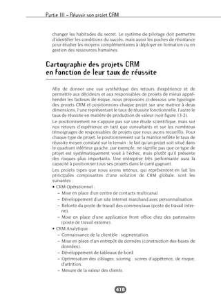 Partie III – Réussir son projet CRM
418
changer les habitudes du secret. Le système de pilotage doit permettre
d’identifier les conditions du succès, mais aussi les poches de résistance
pour étudier les moyens complémentaires à déployer en formation ou en
gestion des ressources humaines.
Cartographie des projets CRM
en fonction de leur taux de réussite
Afin de donner une vue synthétique des retours d’expérience et de
permettre aux décideurs et aux responsables de projets de mieux appré-
hender les facteurs de risque, nous proposons ci-dessous une typologie
des projets CRM et positionnons chaque projet sur une matrice à deux
dimensions, l’une représentant le taux de réussite fonctionnelle, l’autre le
taux de réussite en matière de production de valeur (voir figure 13-2).
Le positionnement ne s’appuie pas sur une étude scientifique, mais sur
nos retours d’expérience en tant que consultants et sur les nombreux
témoignages de responsables de projets que nous avons recueillis. Pour
chaque type de projet, le positionnement sur la matrice reflète le taux de
réussite moyen constaté sur le terrain : le fait qu’un projet soit situé dans
le quadrant inférieur gauche, par exemple, ne signifie pas que ce type de
projet est systématiquement voué à l’échec, mais plutôt qu’il présente
des risques plus importants. Une entreprise très performante aura la
capacité à positionner tous ses projets dans le carré gagnant.
Les projets types que nous avons retenus, qui représentent en fait les
principales composantes d’une solution de CRM globale, sont les
suivantes :
• CRM Opérationnel :
– Mise en place d’un centre de contacts multicanal.
– Développement d’un site Internet marchand avec personnalisation.
– Refonte du poste de travail des commerciaux (poste de travail inter-
ne).
– Mise en place d’une application front office chez des partenaires
(poste de travail externe).
• CRM Analytique :
– Connaissance de la clientèle : segmentation.
– Mise en place d’un entrepôt de données (construction des bases de
données).
– Développement de tableaux de bord.
– Optimisation des ciblages, scoring : scores d’appétence, de risque,
d’attrition.
– Mesure de la valeur des clients.
 