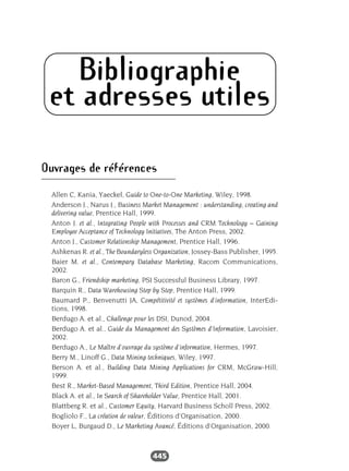 445
Bibliographie
et adresses utiles
Ouvrages de références
Allen C, Kania, Yaeckel, Guide to One-to-One Marketing, Wiley, 1998.
Anderson J., Narus J., Business Market Management : understanding, creating and
delivering value, Prentice Hall, 1999.
Anton J. et al., Integrating People with Processes and CRM Technology – Gaining
Employee Acceptance of Technology Initiatives, The Anton Press, 2002.
Anton J., Customer Relationship Management, Prentice Hall, 1996.
Ashkenas R. et al., The Boundaryless Organization, Jossey-Bass Publisher, 1995.
Baier M. et al., Contempary Database Marketing, Racom Communications,
2002.
Baron G., Friendship marketing, PSI Successful Business Library, 1997.
Barquin R., Data Warehousing Step by Step, Prentice Hall, 1999.
Baumard P., Benvenutti JA, Compétitivité et systèmes d’information, InterEdi-
tions, 1998.
Berdugo A. et al., Challenge pour les DSI, Dunod, 2004.
Berdugo A. et al., Guide du Management des Systèmes d’Information, Lavoisier,
2002.
Berdugo A., Le Maître d’ouvrage du système d’information, Hermes, 1997.
Berry M., Linoff G., Data Mining techniques, Wiley, 1997.
Berson A. et al., Building Data Mining Applications for CRM, McGraw-Hill,
1999.
Best R., Market-Based Management, Third Edition, Prentice Hall, 2004.
Black A. et al., In Search of Shareholder Value, Prentice Hall, 2001.
Blattberg R. et al., Customer Equity, Harvard Business Scholl Press, 2002.
Bogliolo F., La création de valeur, Éditions d’Organisation, 2000.
Boyer L, Burgaud D., Le Marketing Avancé, Éditions d’Organisation, 2000.
 