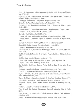 Partie IV – Annexes
446
Brown S., The Customer Relation Management : linking People, Process, and Techno-
logy, Wiley, 1999
Broydrick S., The 7 Universal Laws of Customer Value or How to win Customers &
Influence markets, Times Mirrors, 1996.
Champy J., Reengineering Management, HarperBusiness, 1995.
Chorafas D., Agent Technology Handbook, McGraw-Hill, 1997.
Christopher M., Relationship marketing, CIM Professionnal Development
Series, 1993.
Chun Wei Choo, The Knowing Organization, Oxford University Press, 1998.
Cinquin L. et al., Le Projet eCRM, Eyrolles, 2002.
Coyle D., The Weightless World, MIT, 1998.
Cram T., The Power of relationship marketing, Pitman Publishing, 1994.
Curry J., Stora L., Le Client, capital de l’entreprise, Éditions d’Organisation,
1993.
Curry J., The Customer Marketing Method, Simon & Schuster, 2000.
Cusack M., Online Customer Care, ASQ Quality Press, 1998.
Czegel B., Running an effective help-desk, Wiley, 1995.
De Bonis J.N. et al., Value-Based Marketing for Bottom-Line Success, McGraw-
Hill, 2002.
De Menthon S., Le Marketing de la réception d’appels, Éditions d’Organisation,
1997.
Dell M., Direct from Dell, Harper Business, 1999.
Devoitine P., Mettre en place et exploiter un centre d’appels, Eyrolles, 2003.
Doyle P., Value-Based Marketing, Wiley, 2000.
Du Châtelier D., Nogret-Carrega A., Le Guide juridique du marketing direct,
1999.
Dufour A., Le Cyber Marketing, Presses Universitaires de France, 1997.
Duncan G., Direct Marketing, Adams Media Corporation, 2001.
Dyche J., The CRM Handbook: A Business Guide to Customer Relationship Manage-
ment, Addison-Wesley, 2002.
Dyson E., Release 2.0, a design for living in the digital age, Broadway Books, 1997.
Edvinson L., Malone M., Intellectual capital, Harper Business, 1997.
Evrard Y., Pras B., Roux, Market, études et recherches en marketing, Nathan,
1993.
Ferber J., Les Systèmes multiagents, InterEditions, 1995.
Foss B. et al., The Customer Management Scorecard: Managing CRM for Profit,
2003.
Franco J.-M., De Lignerolle S., Piloter l’entreprise grâce au Data Warehouse,
Eyrolles, 2000.
Fried L., Managing information technology in turbulent times, Wiley, 1995.
 