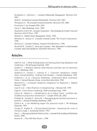 Bibliographie et adresses utiles
449
Storbacka K., Lehtinen J. : Customer Relationship Management, McGraw Hill,
2001.
Swift R., Accelerating Customer Relationships, Prentice Hall, 2001.
Thompson H., The Customer-Centered Enterprise, McGraw-Hill, 2000.
Tourniaire F, Just Enough CRM, 2003.
Vavra T., After Marketing, Irwin, 1995.
Wayland & Cole P.M., Customer Connections : New Strategies for Growth, Harvard
Business Scholl Press, 1997.
Webster F., Market-driven Management, Wiley, 1994.
Whiteley R., Hessan D., Customer Centered Growth, The Forum Corporation,
1996.
Wiserma F., Customer Intimacy, HarperCollinsBusiness, 1996.
Woodruff R., Gardial S., Know your Customer : New Approaches to Understanding
Customer value and Satisfaction, BlackWell Business, 1996.
Articles
Adolf R. et al., « What leading banks are learning about big databases and
marketing », The McKynsey Quarterly, 1997.
Ambler T., « Abandon lifetime value theories and take care of customers
now », Marketing, 2001.
Anderson E., Fornell C., Lehman D., « Customer satisfaction, market
share, and profitability : findings from Sweden », Journal of Marketing, 1994.
Anderson J. et al, « Business Marketing : Understand What Customers
Value », Harvard Business Review, novembre-décembre 1998.
Beresford S., « Computer telephony integration for beginners », Sophron
Partners, 1999.
Caar D. et al., « Best Practices in reengineering », McGraw-Hill, 1995.
Cage W., Event driven marketing, CRM Consulting Group, 1999.
Calciu M., Salerno F., « Modélisation de la Valeur Client : synthèse des
modèles et proposition d’extension », Congrès AFM Lille, 2002.
Chalder M., Gamble P., Stone M., « Managing good and bad customers in
practice », Journal of Database Marketing, 2000.
Child et al., « Can Marketing regain the personal touch », The McKynsey
Quarterly, 1995.
Cooper R., Kaplan R., « Activity-Based Systems : measuring the costs of
resource usage », Accounting Horizon, 1993.
Day G., « Managing Market Relationship », Journal of the Academy of Marketing
Science, 2000.
Doane M., « The SAP Blue Book », 1998.
 