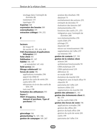 Gestion de la relation client
460
stockage dans l’entrepôt de
données 86
traitement 177
typologie 175
Experian 168
expression des besoins 389
externalisation 105
extraction (ciblage) 159, 272
F
facteurs
de risque 97
de succès 41, 391, 416, 418
FAH (fournisseurs d’applications
hébergées) 243
fiche client 301
fidélisation 49, 147
fidélité 140, 147
~ et rentabilité 147, 410
field service 241
filtrage collaboratif 360
forces de vente 196
applications nomades 258
apport du CRM 43
gestion du cycle de vente 201
outils SFA 199
réticences vis-à-vis des outils de
SFA 199
turn over 198
formation des utilisateurs 393
foyers 81
FRAT (Frequency, Recency,
Amount of purchase, Type of
purchase) 118
G
géocodage 166
géomarketing 56, 165, 166
gestion de campagne 169, 267
analyse des résultats 190
datamart 71
enchaînement des actions 253
entrepôt de données 77
évaluation des besoins 267
événementielles 270
fonctions des outils 271, 273
intégration avec l’entrepôt de
données 268
non événementielles 270
outils EMA 279
pilotage 271
réactivité 187
retour sur investissement 190
segmentation de l’offre 277
sur Internet 355
gestion de contacts 227, 301
gestion de la relation client
acteurs 241
architecture fonctionnelle 59
CRM analytique 235
CRM opérationnel 235
définition 32
en mode ASP 243
évolution du marché 230
intégration avec le back office 55
objectifs 39
panorama de l’offre 225
secteurs cibles 232
segmentation du marché 238
gestion des adresses 81, 161
gestion des événements client 80,
86, 174
par les outils EMA 278
gestion des forces de vente 196
applications nomades 258
gestion des offres 201
gestion du back office 204
gestion du cycle de vente 201
outils 199
panorama de l’offre 314
 