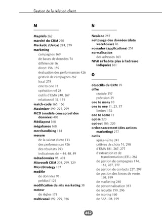 Gestion de la relation client
462
M
MapInfo 262
marché du CRM 230
Marketic (Unica) 274, 279
marketing
campagnes 169
de bases de données 74
différencié 16
direct 156, 159
évaluation des performances 426
gestion de campagnes 267
local 278
one to one 37
opérationnel 28
outils d’EMA 240, 267
relationnel 37, 155
match-code 165, 166
Maximizer 199, 227, 299
MCD (modèle conceptuel des
données) 403
Médiapost 168
mégabases 168
merchandising 114
mesure
de la valeur client 133
des performances 426
des résultats 393
indicateurs de ~ 44, 48, 49
métadonnées 95, 403
Microsoft CRM 203, 299, 329
MicroStrategy 107
modèle
de données 95
prédictif 123
modification du mix marketing 38
moteur
de règles 178
multicanal 192, 279, 356
N
Neolane 287
nettoyage des données (data
warehouse) 76
nomades (applications) 258
normalisation
des adresses 163
NPAI (n’habite plus à l’adresse
indiquée) 161
O
objectifs du CRM 39
offre
croisée 357
précision 25
one to many 10
one to one 11, 23, 37
limites 132
one to some 11
opt-in 220
opt-out 186, 220
ordonnancement (des actions
marketing) 277
outils
après-vente 241
critères de choix 51, 298
d’EMA 181, 267, 277
d’extraction et de
transformation (ETL) 262
de gestion de campagnes 174,
181, 267, 277
de gestion de contacts 227, 299
de gestion des forces de vente
198, 199
de marketing 240
de personnalisation 357
de requête 159, 296
de scoring 160
de SFA 198, 199
 