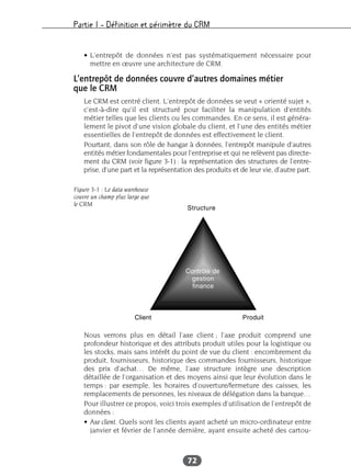 Partie I – Définition et périmètre du CRM
72
• L’entrepôt de données n’est pas systématiquement nécessaire pour
mettre en œuvre une architecture de CRM.
L’entrepôt de données couvre d’autres domaines métier
que le CRM
Le CRM est centré client. L’entrepôt de données se veut « orienté sujet »,
c’est-à-dire qu’il est structuré pour faciliter la manipulation d’entités
métier telles que les clients ou les commandes. En ce sens, il est généra-
lement le pivot d’une vision globale du client, et l’une des entités métier
essentielles de l’entrepôt de données est effectivement le client.
Pourtant, dans son rôle de hangar à données, l’entrepôt manipule d’autres
entités métier fondamentales pour l’entreprise et qui ne relèvent pas directe-
ment du CRM (voir figure 3-1) : la représentation des structures de l’entre-
prise, d’une part et la représentation des produits et de leur vie, d’autre part.
Nous verrons plus en détail l’axe client ; l’axe produit comprend une
profondeur historique et des attributs produit utiles pour la logistique ou
les stocks, mais sans intérêt du point de vue du client : encombrement du
produit, fournisseurs, historique des commandes fournisseurs, historique
des prix d’achat… De même, l’axe structure intègre une description
détaillée de l’organisation et des moyens ainsi que leur évolution dans le
temps : par exemple, les horaires d’ouverture/fermeture des caisses, les
remplacements de personnes, les niveaux de délégation dans la banque…
Pour illustrer ce propos, voici trois exemples d’utilisation de l’entrepôt de
données :
• Axe client. Quels sont les clients ayant acheté un micro-ordinateur entre
janvier et février de l’année dernière, ayant ensuite acheté des cartou-
Figure 3-1 : Le data warehouse
couvre un champ plus large que
le CRM
 