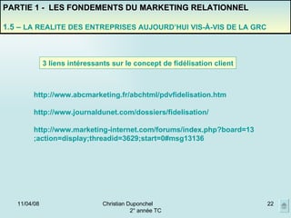 02/06/09 Christian Duponchel  2° année TC PARTIE 1 -  LES FONDEMENTS DU MARKETING RELATIONNEL 1.5 –  LA REALITE DES ENTREPRISES AUJOURD’HUI VIS-À-VIS DE LA GRC 3 liens intéressants sur le concept de fidélisation client http://www.abcmarketing.fr/abchtml/pdvfidelisation.htm http://www.journaldunet.com/dossiers/fidelisation/ http://www.marketing-internet.com/forums/index.php?board=13 ;action=display;threadid=3629;start=0#msg13136 