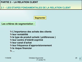 02/06/09 Christian Duponchel  2° année TC PARTIE 2 -  LA RELATION CLIENT 2.1 – LES ETAPES FONDAMENTALES DE LA RELATION CLIENT Segmenter L’importance des achats des clients leur rentabilité le type de produit acheté ( préférences ) leur centre d’intérêt exprimé leur canal d’achat leur fréquence d’approvisionnement le risque financier … Les critères de segmentation : 
